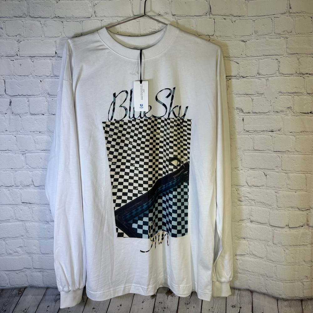 NEW Blue Sky Inn Mens Checkered Graphic Long Sleeve Tee White Sz L Made in Italy